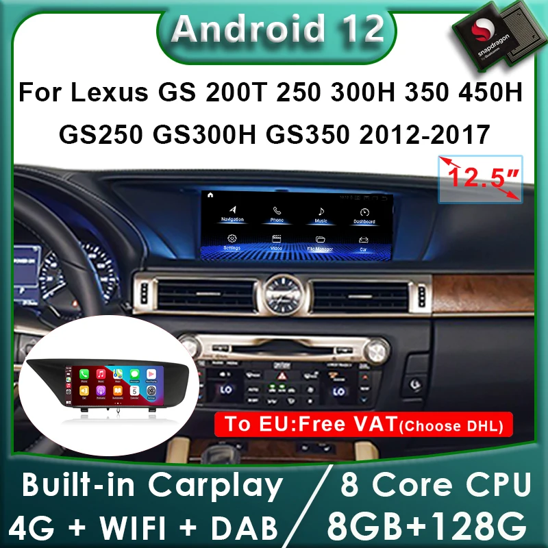 Android 12 Snapdragon 8+128G Car Radio GPS Navigation Multimedia Player CarPlay Screen For Lexus GS 200 250 300 350 450 12-17