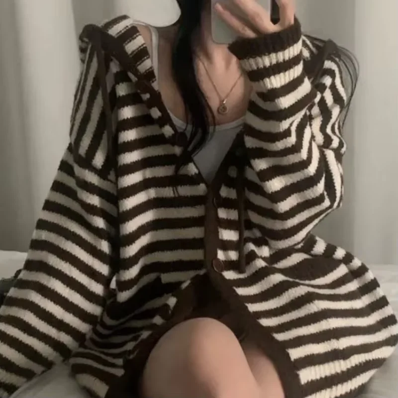 Lazy Knit Stripe Hoody Pull Femme Panelled Loose New Mid-length Slim Sweaters Premium Feminine Elegant Casual Moda Jumper