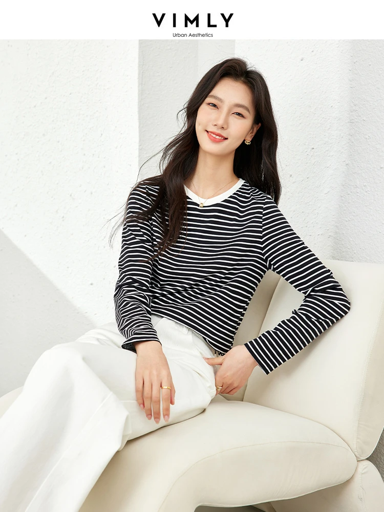 Vimly Black White Striped Basic Tees Women O-neck T-shirt Long Sleeve Top 2024 Spring Casual Pullovers Womans Clothes M5991