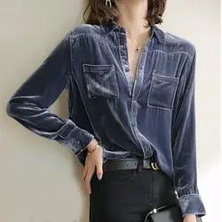 XEJ-camisa de terciopelo dorado para mujer, blusa fina y elegante de manga larga, azul, estilo coreano, primavera 2022