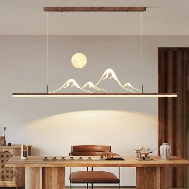 

LED Walnut Color Long Pendant Lamp Acrylic Hill Decoration Retro Dining Table Tea Room Dining Room Living Room Lighting Fixtures