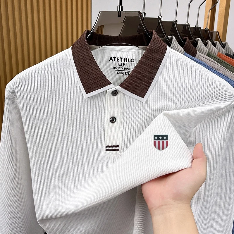 Men's Autumn New Keep Warm Printed Polo Shirt 100% Cotton Long Sleeved Solid Color Lapel T-Shirt Casual Commuting Men's Clothing