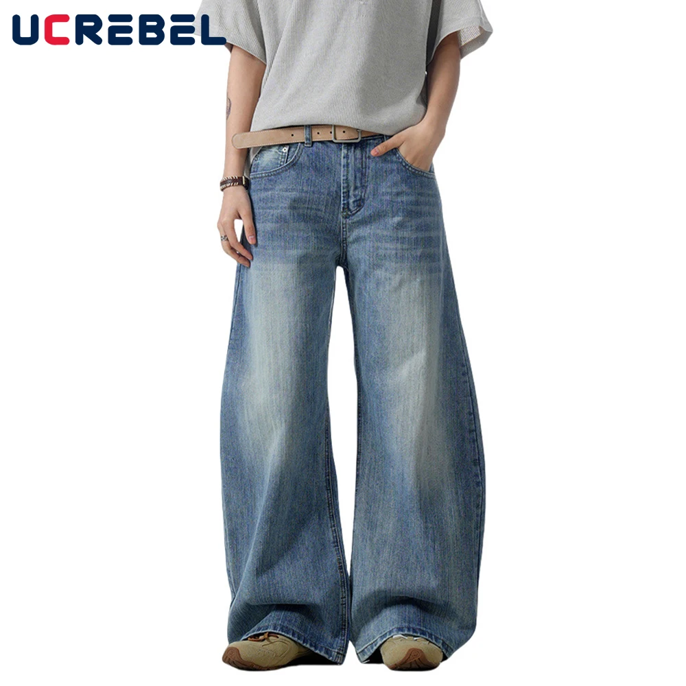 

Washed Distressed Scimitar Jeans Mens Pocket Retro High Street Loose Wide Leg Denim Pants Men