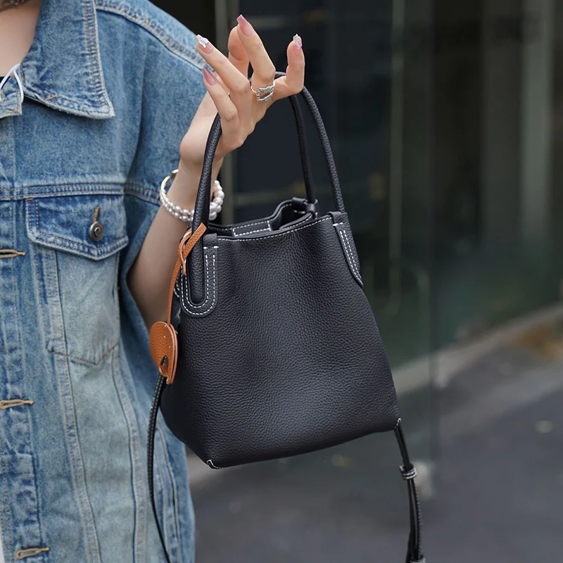 New Lady Genuine Leather Bucket Bag Women Simple Fashion Shoulder Diagonal Straddle Handheld Crossbody Vegetable Basket Handbag