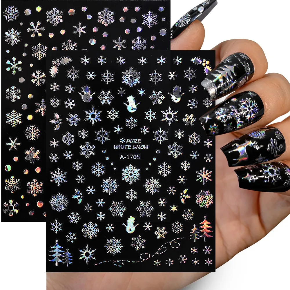 Holographic Laser Snowflakes Nail Art Sticker 3D Shiny Christmas Nail Decals Winter Holiday New Year Snow Flake Manicure Sliders