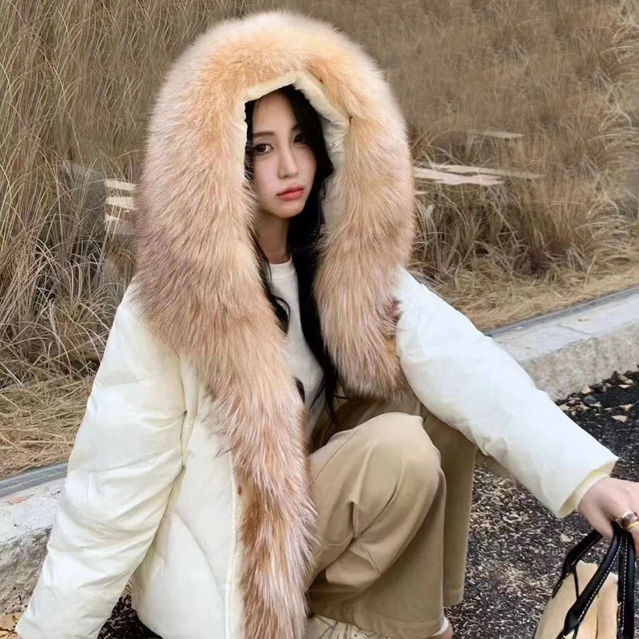 Abrigo con capucha para mujer, chaqueta larga de plumas de ganso para mujer, abrigo de invierno con piel de zorro Natural de lujo de alta calidad