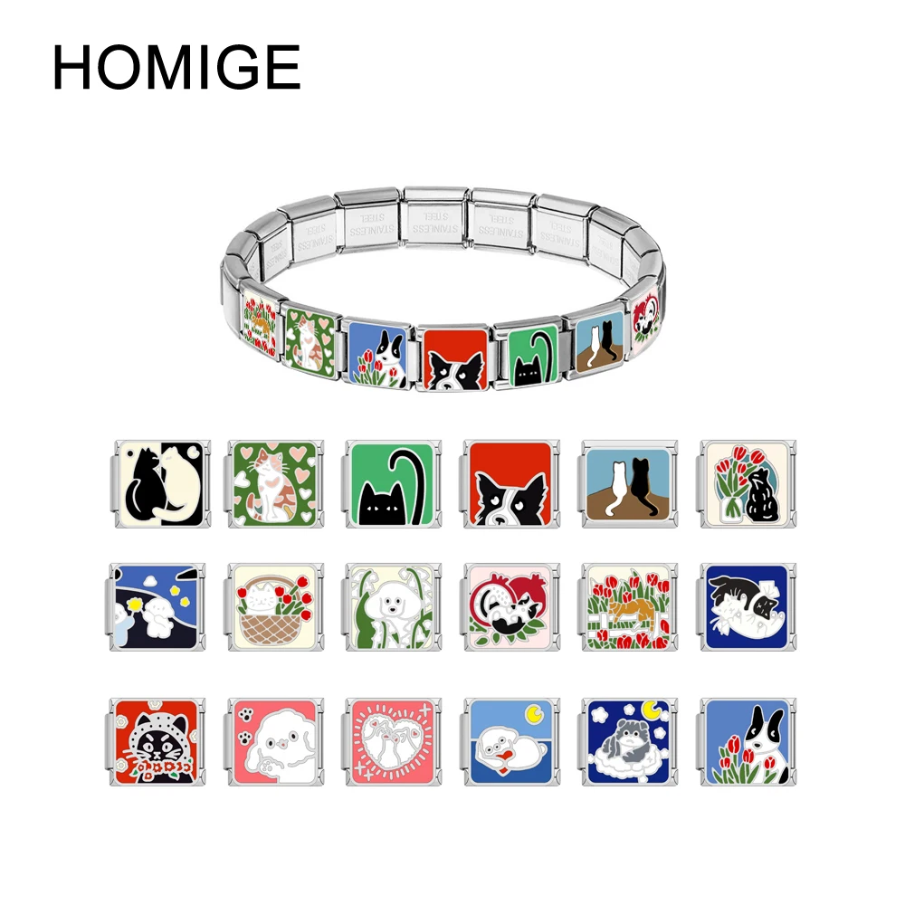 

HOMIGE 2pcs Cartoon Animal Cat Dog Pattern 9mm Elastic Italian Charm Bracelet Woman Stainless Steel Making Jewelry Luxury Bijoux