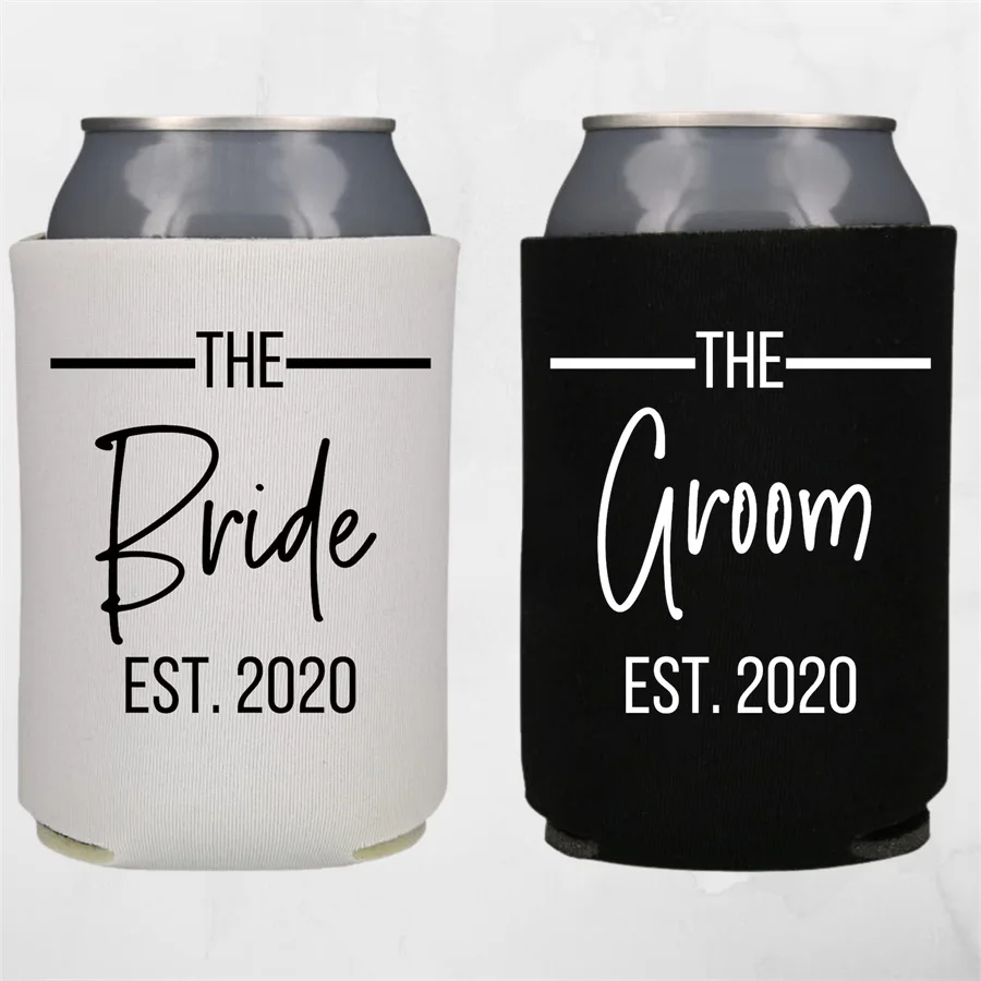 Bride and Groom Couple Can Coolers, Newly Married or Engaged Wedding Gift, Matching His and Hers Beer Hugger