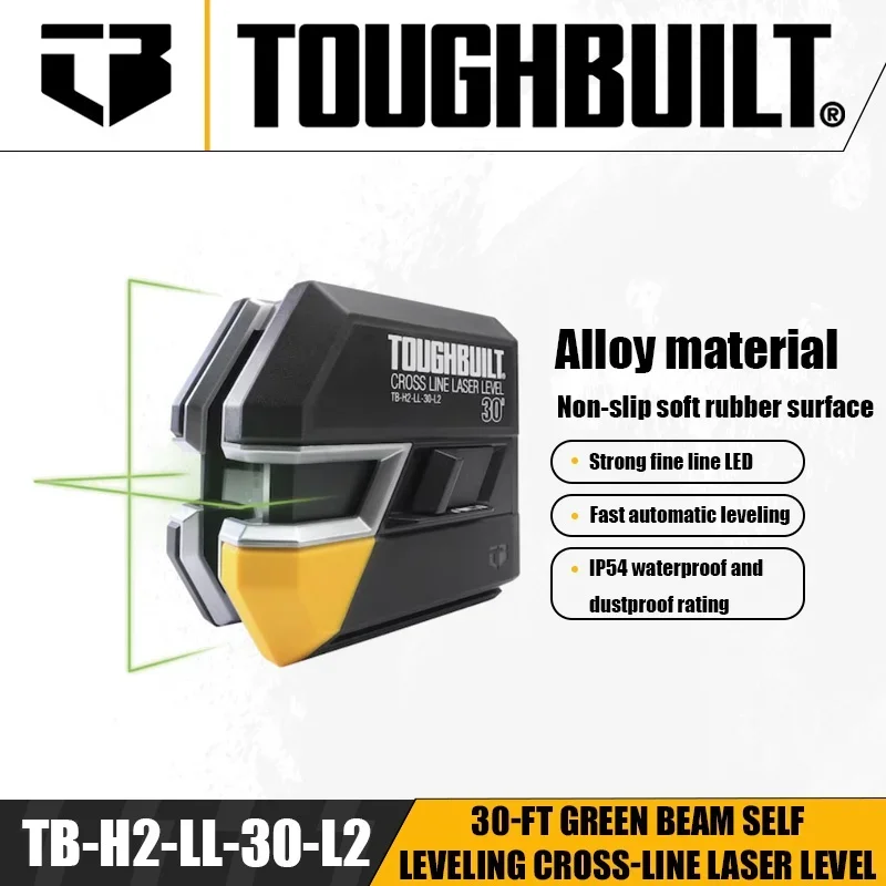 TOUGHBUILT TB-H2-LL-30-L2 30-ft Green Beam Self Leveling Cross-Line Laser Level Power Tool Accessories Architecture