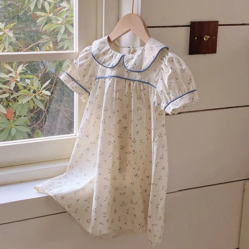 2025 New Summer Sister Clothing 2-7Yrs Kids Princess Dresses Short Sleeved Cotton Flower Print Baby Girl Party Dress