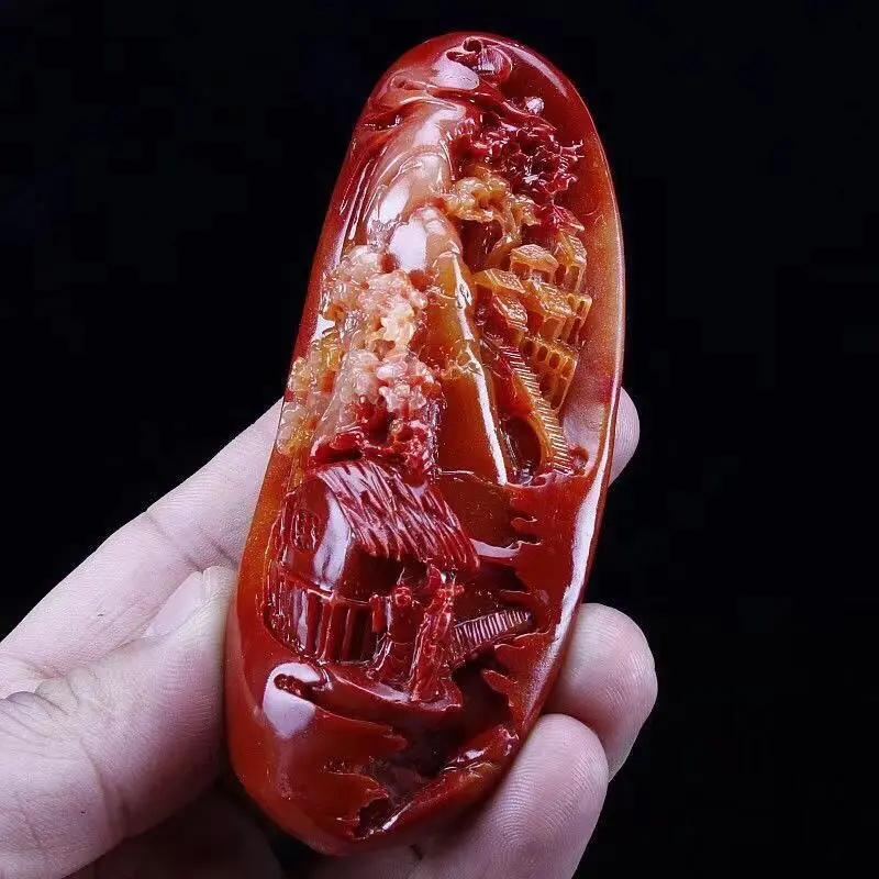 Chinese Antique Huanglong Jade Carved Landscape Waist Tag Statue