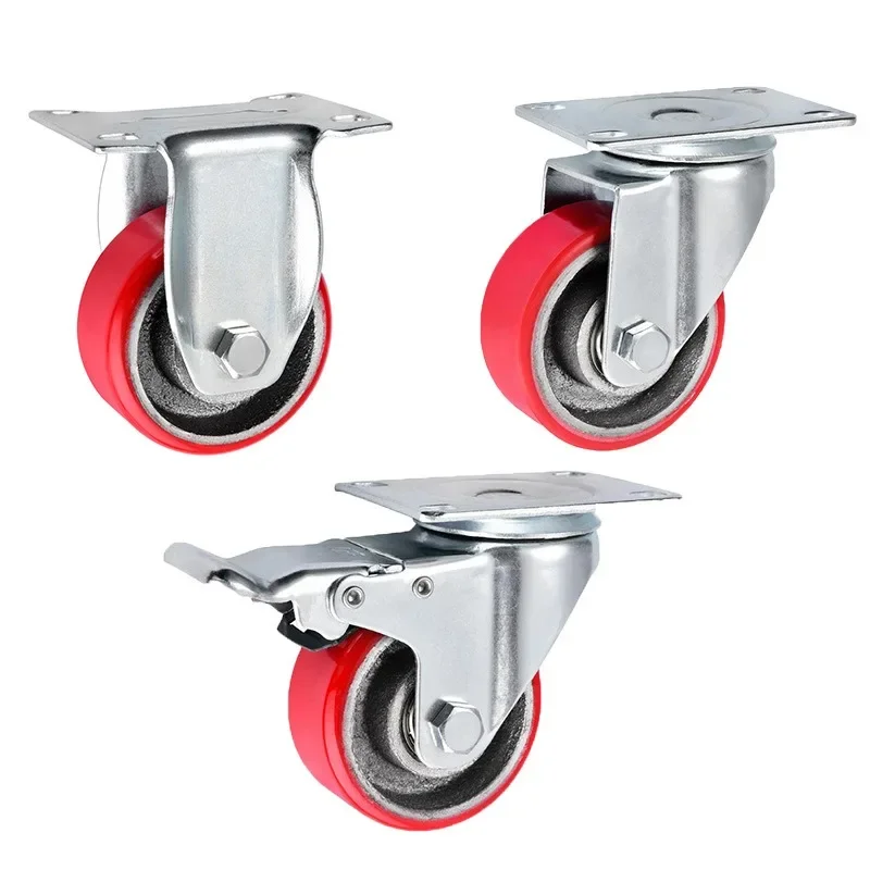 1 Pc 2.5/3 Inch Iron Core Polyurethane Casters Mechanical Equipment PU Universal Wheels Medium Silent Red