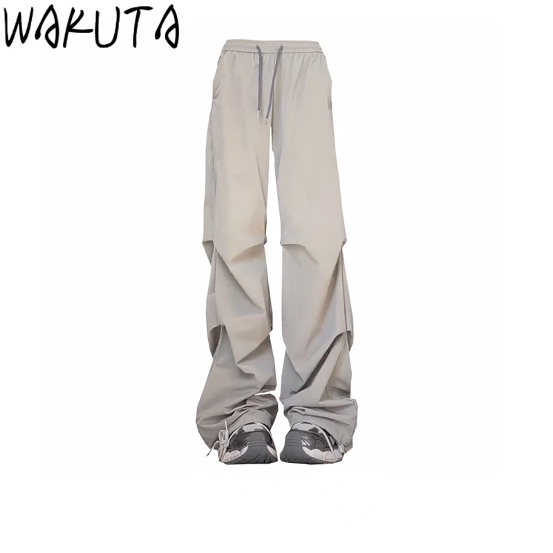 

2024 Autumn Solid High Waist Women Cargo Pants Chic Fashion Drawstring Wide Leg Trousers Loose Grunge All Match Pantalones