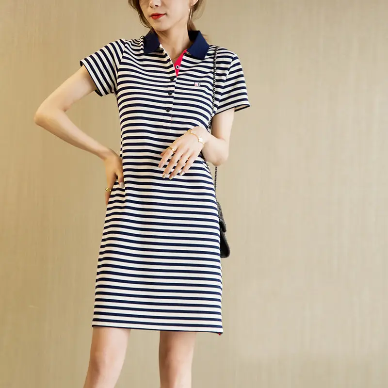 

Korean Casual Striped Printed Polo-Neck Dresses Women's Clothing Summer Lady Fashion Loose Button Spliced Short Sleeve Dresses