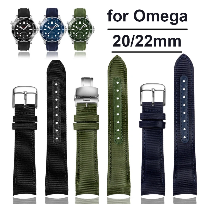 20mm 22mm Nylon Watch Strap for Omega Seamaster 300 Replacement Belt Bracelet Curved End Leather Strap with Butterfly Buckle