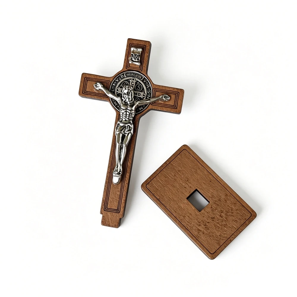 St Benedict Standing Crucifix Wooden Cross With Base Jesus Christ Statue Catholic Religious Ornament Church Home Decor Christian view 5