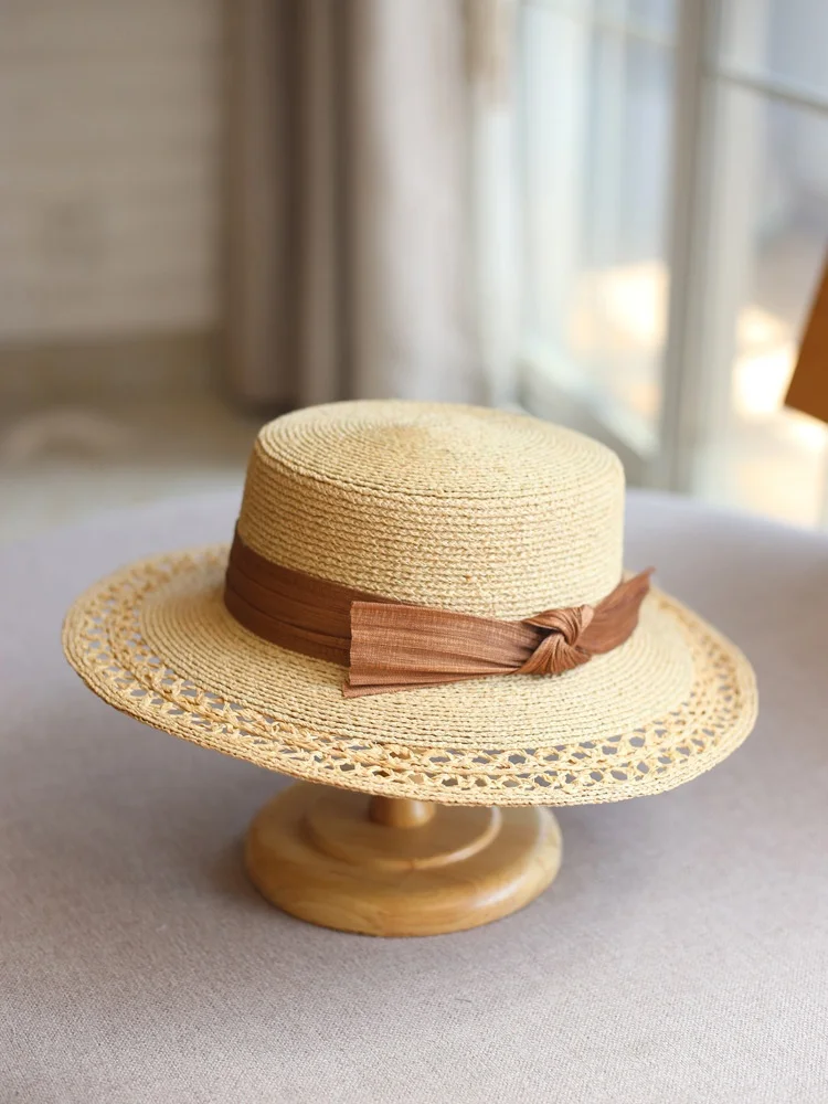 silk-laffey-grass-sunshade-hat-flat-top-hollow-out-breathable-women's-sun-protection-fashionable-face-slimming-summer-cap