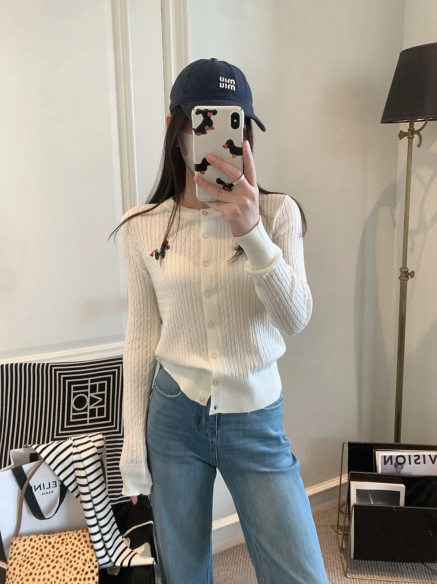 

Korean Sle Women's Knitted Cardigan Fine Linen Embroidered Base irt Spring Faion Slim Fit Long Sve round Ne Top