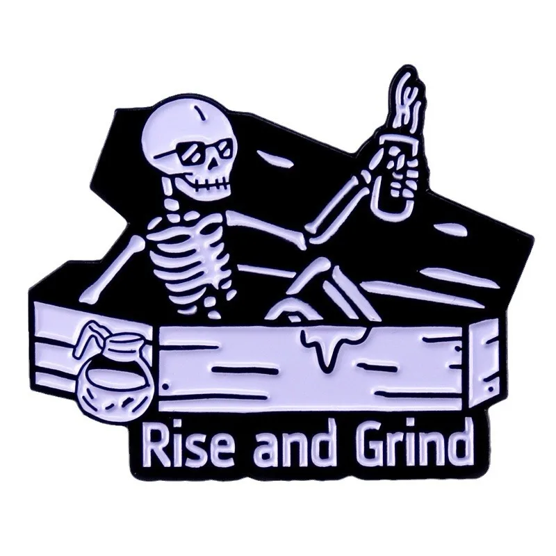 Rise And Grind Enamel Pins Halloween Skull Badges Lapel pins Brooches Women Men Jewelry Accessories For Gifts