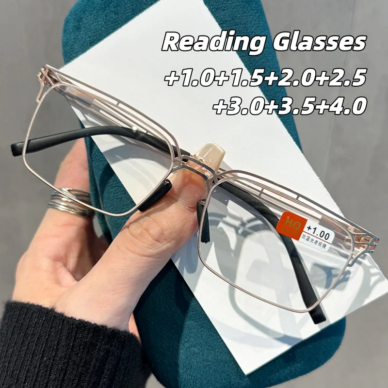 

New Anti-blue Light Presbyopia Glasses Unisex Hollow Metal Square Frame High-Definition Eye Protection Fashion Reading Glasses