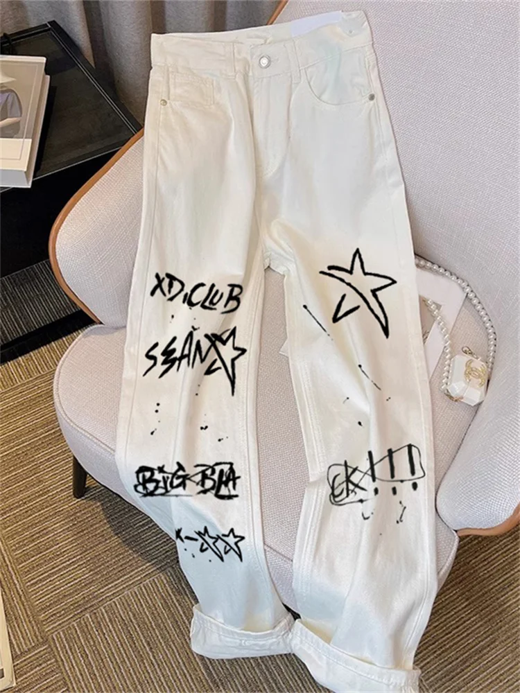 

American Graffiti Pattern Casual Jeans Men Women Summer High Street Vibe Loose Lazy Versatile Straight Leg Wide Leg Pants