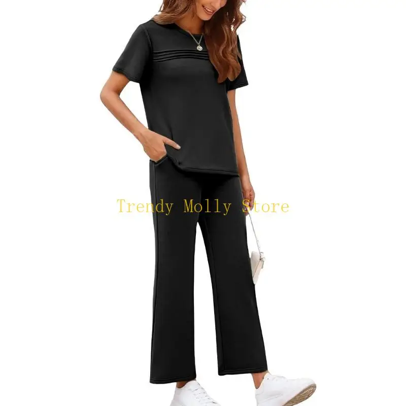 N5KB Traje piezas para mujer, trajes vacaciones viaje, conjuntos casuales manga corta, pantalones pierna con