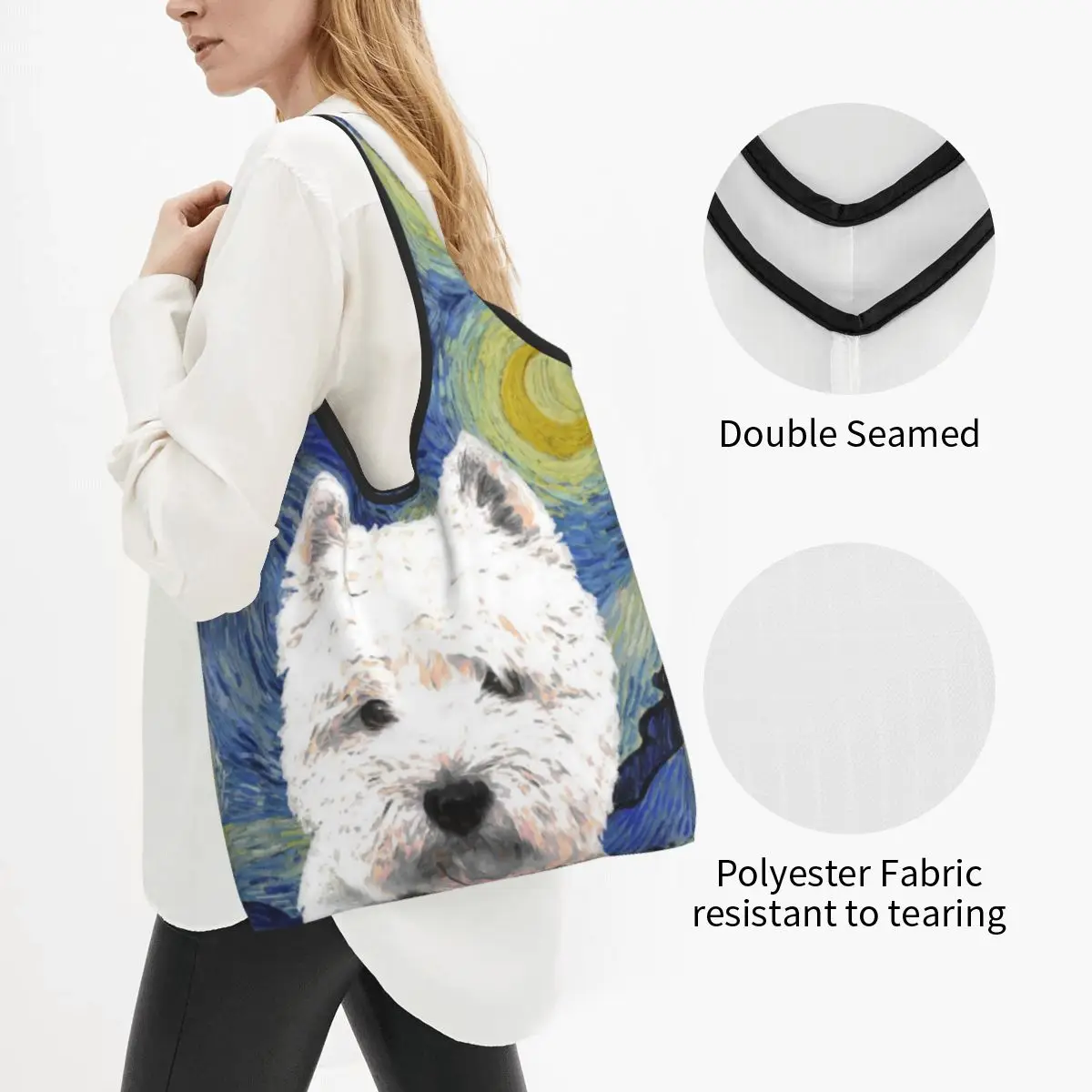 Kawaii West Highland White Terrier Starry Night Van Gogh Shopping Tote Bag Portable Westie Dog Grocery Shoulder Shopper Bag