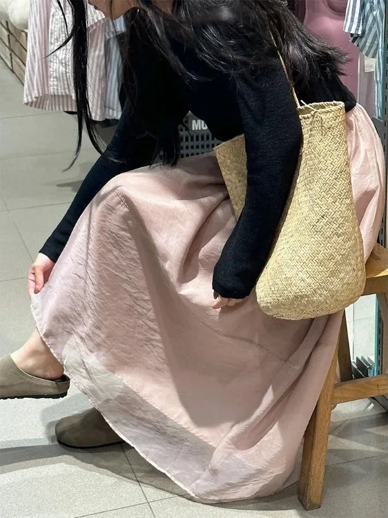 

Pink Chiffon A-Line Skirt Women's Spring Summer New plus Size Pear Shape Body High Waist Fluffy Skirt Commute Art Style