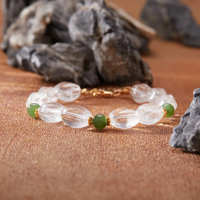 

Natural Hetian Jade White Crystal Beaded Bracelet Set for WomenS925Pure Silver New Jewelry Wholesale