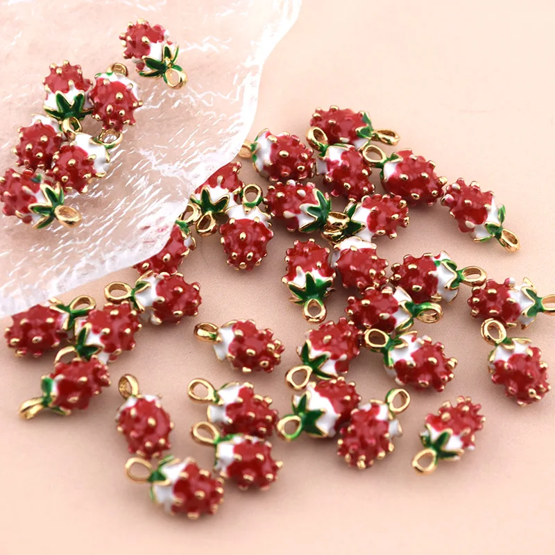 10pcs Mini Red Strawberry Alloy Enemal Charms Cute 3D Fruit Pendant For Barcelet Earring Necklace Diy Jewelry Making