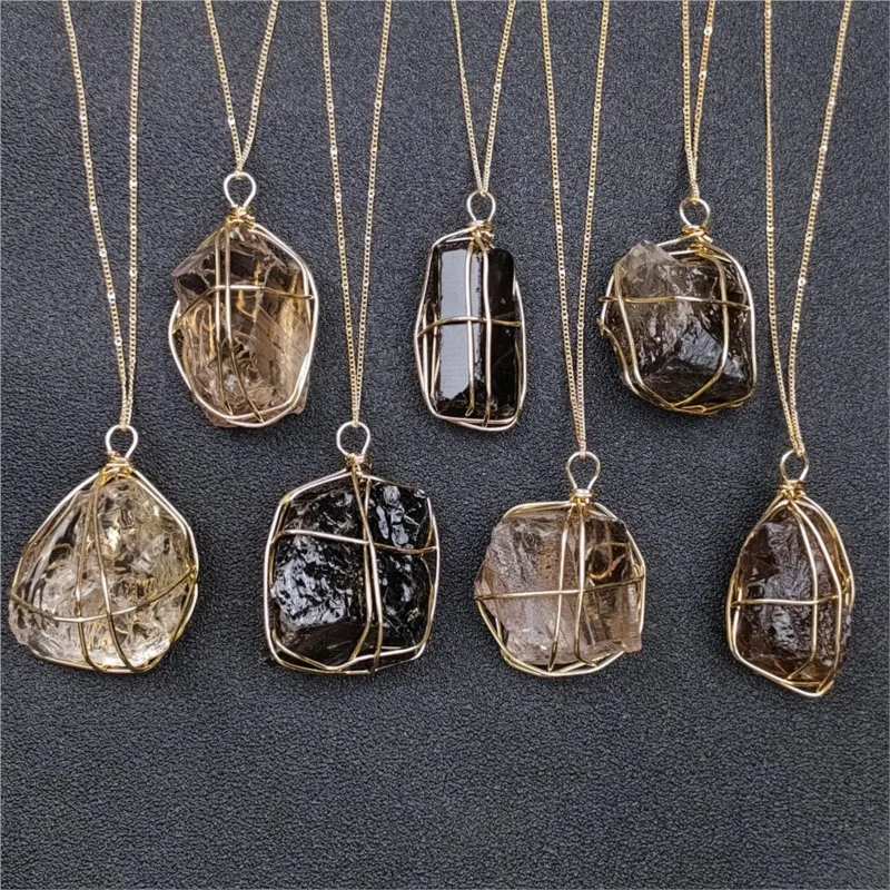 Natural crystal stone winding pendant large grain irregular ore necklace dark light tea crystal sweater chain Vintage Jewelry