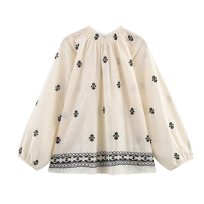 YENKYE Nieuwe 2025 Vrouwen Vintage Bladerdeeg Mouw Lace Up Ronde Hals Borduren Blouse Casual Los Shirt Zomer Tops