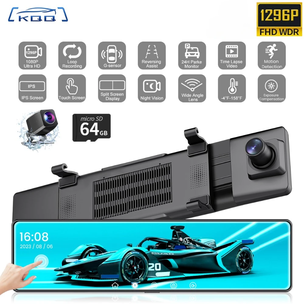 

KQQ 1080P 12" Mirror Dash Cam Front and Rear Dual Camera Car DVR with G-Sensor Support 24H Parking Monitor Night Vision