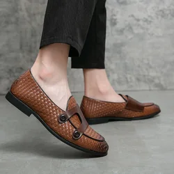 British Style Weave Pattern Microfiber Leather Monk Shoes Mens Buckle Party Wedding Loafers Moccasins Men Driving Flats