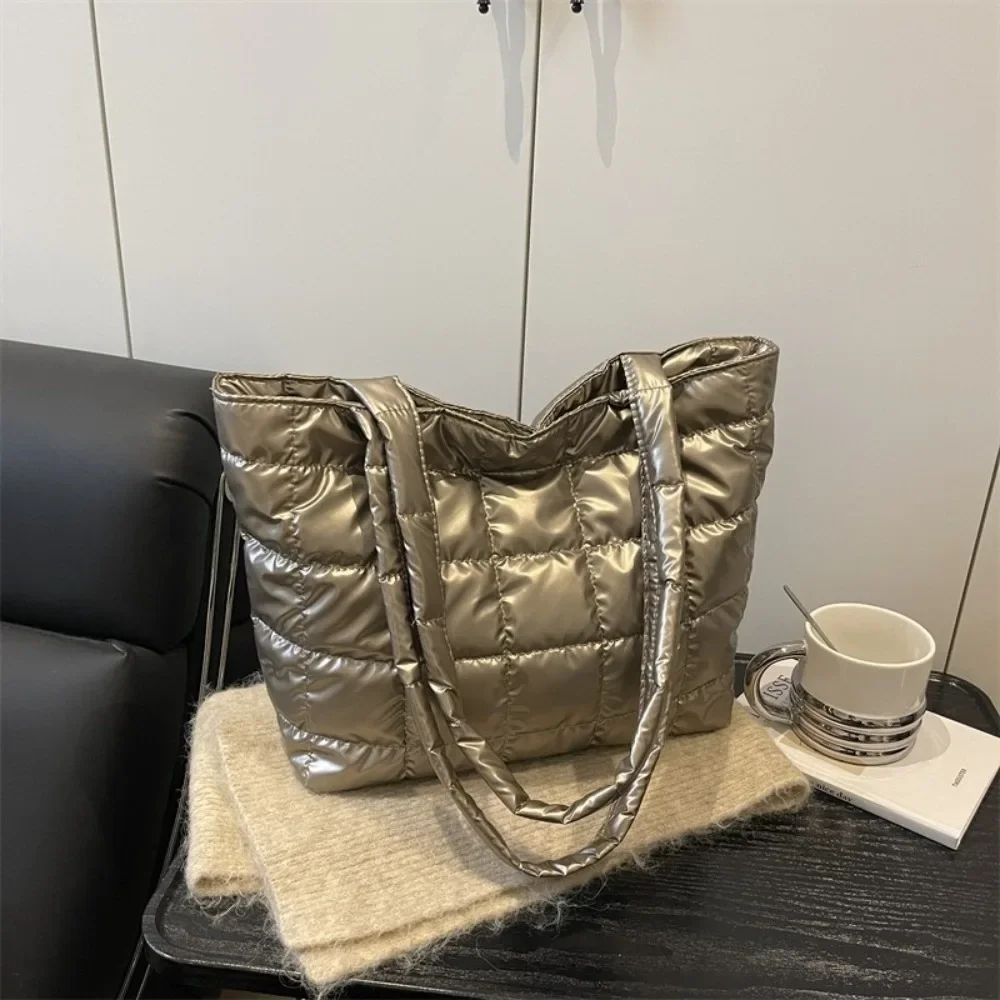 Fashion Solid Color Shoulder Bags Large Capacity Down Cotton Padded Quilted Tote Bag Underarm Bags Winter view 4