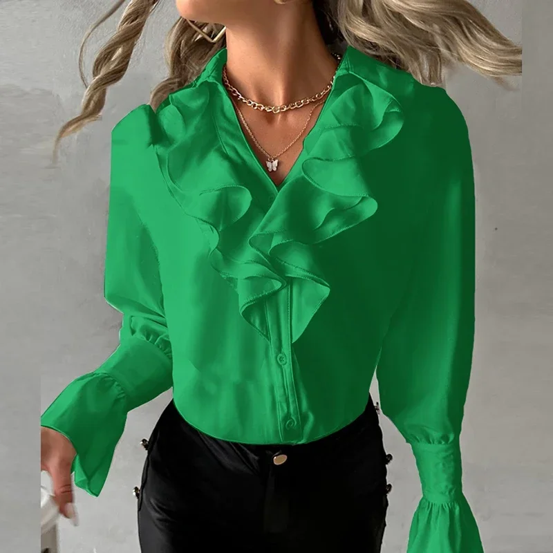 Elegant Ruffles Women\'s Blouse Fashion Petal Sleeve V Neck Long Sleeve White Shirt New Spring Autumn Office Ladies Shirts Tops