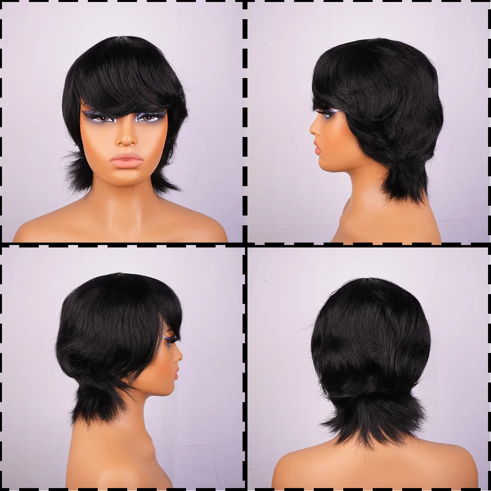 باروكات شعر بشري قصير للنساء ذوات البشرة السمراء، شعر مستعار مجعد ذو طبقات عابث، شعر بشري ريمي مصنوع آليًا للاستخدام اليومي