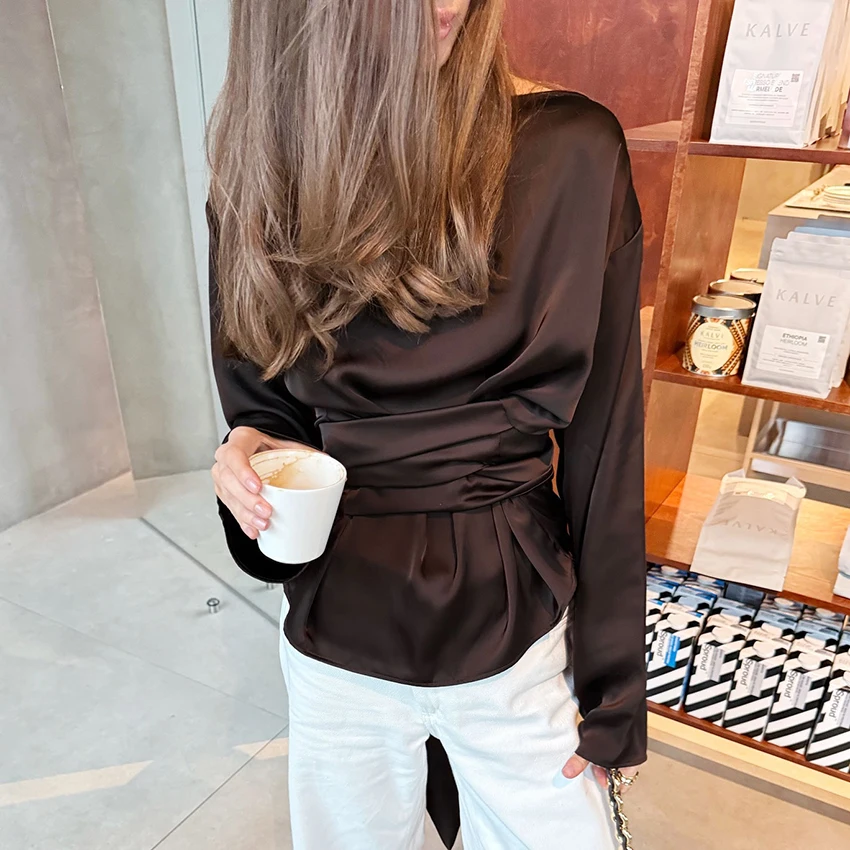 Linad Elegant Brown Satin Cross Blouse Woman Street Chic O Neck Pullover Tops Female 2025 Vintage Silk Long Sleeve Shirts Autumn