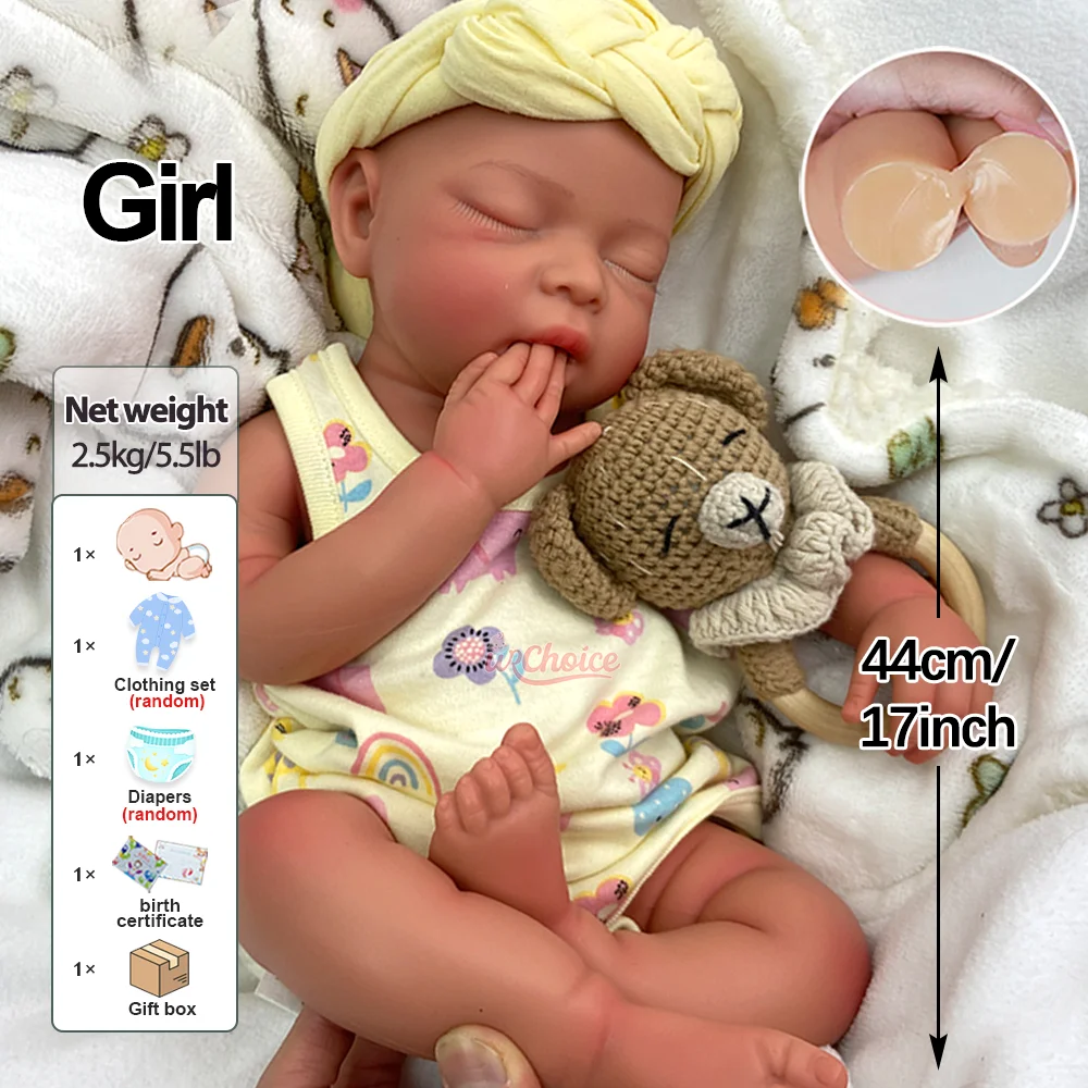 Waterproof Lifelike Painted 17" Full Body Platinum Silicone Reborn Bebe Doll Girl Muñeca Realistic Sleeping Baby With Mouth Open