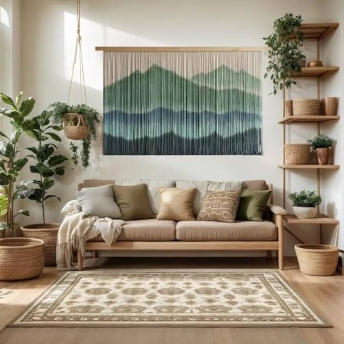 Handcrafted Cotton Macrame Tapestry Art for Walls – Dip-Dyed Bohemian Mountain Landscape Design with Organic Texture and Natural