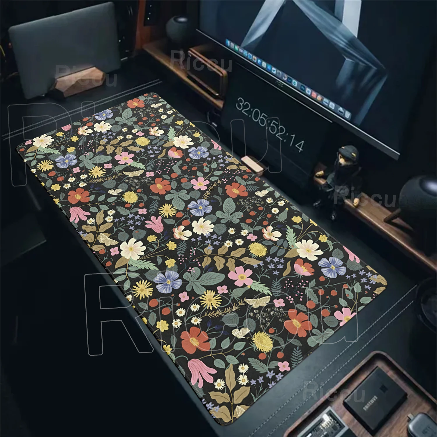Rutschfeste Große Mausmatte mit Vintage-Pflanzenmuster, Genähter Kante, Schreibtischunterlage für Computer, Büro und Gaming, XXL
