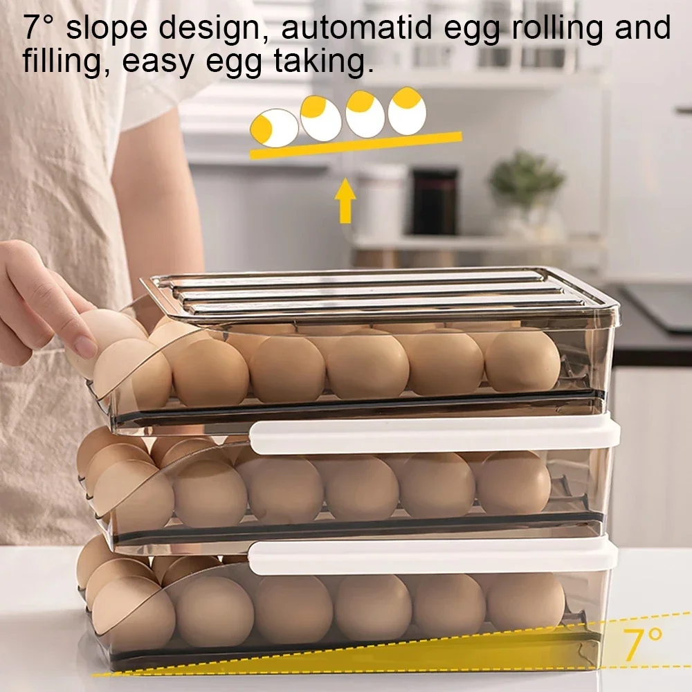 Automatic Slide Egg  Box Transparent Drawer, Stackable Rolling Eggs Rack Egg Tray Holder Basket, Kitchen Fridge Organize