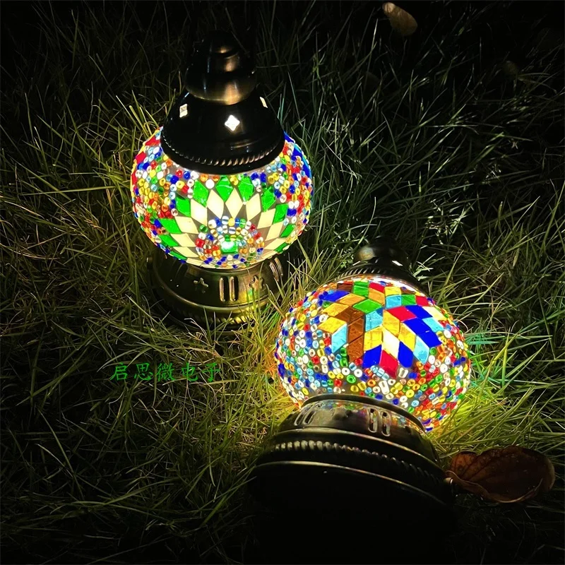 Mini linternas colgantes de mosaico turco Vintage, batería, luz cálida, linterna Led para campamento, lámpara de tienda ligera recargable para exteriores