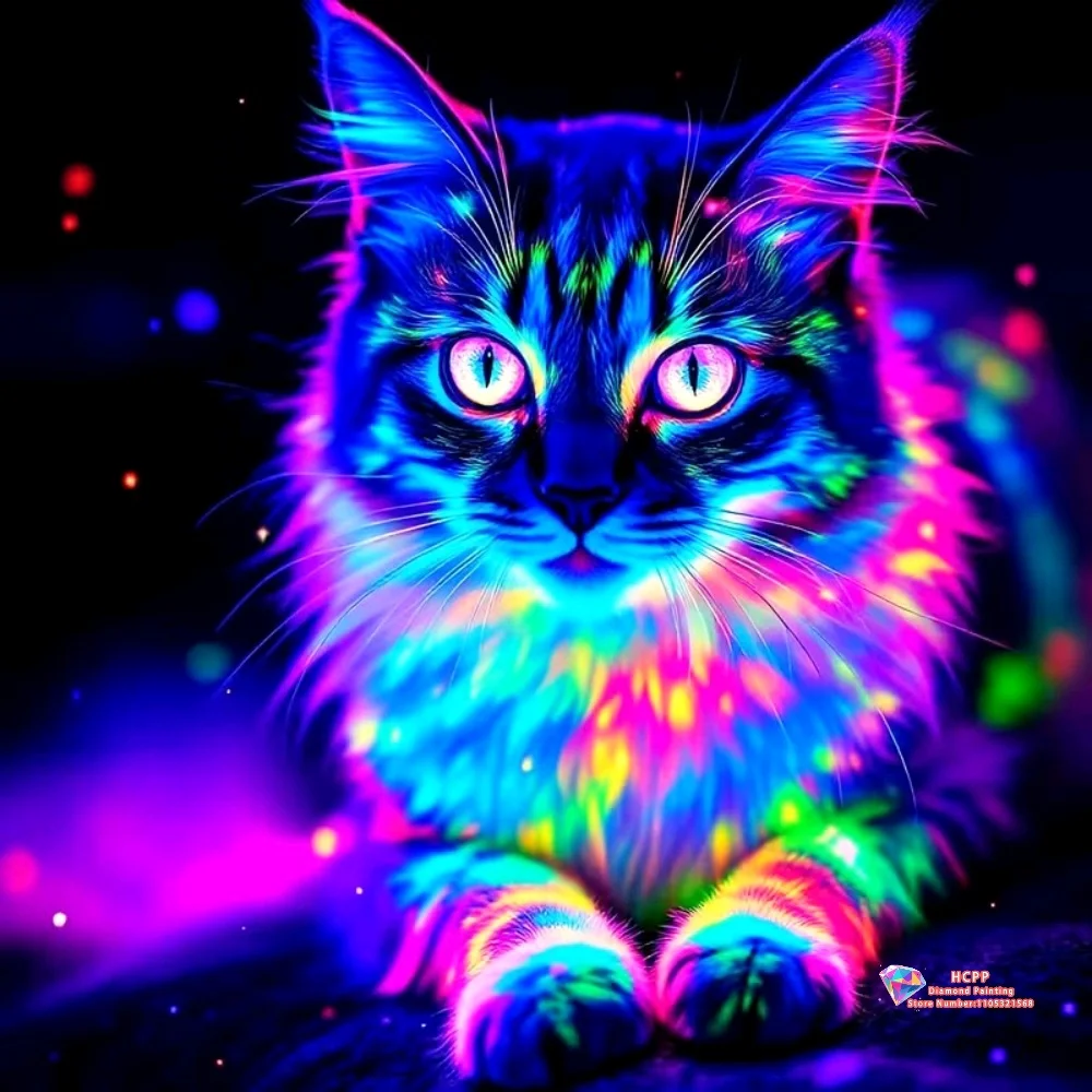 

Neon Glow Cat 5D DIY Diamond Painting Set with Square and Round Diamonds Embroidery Handmade Crafts Home Decor Gifts