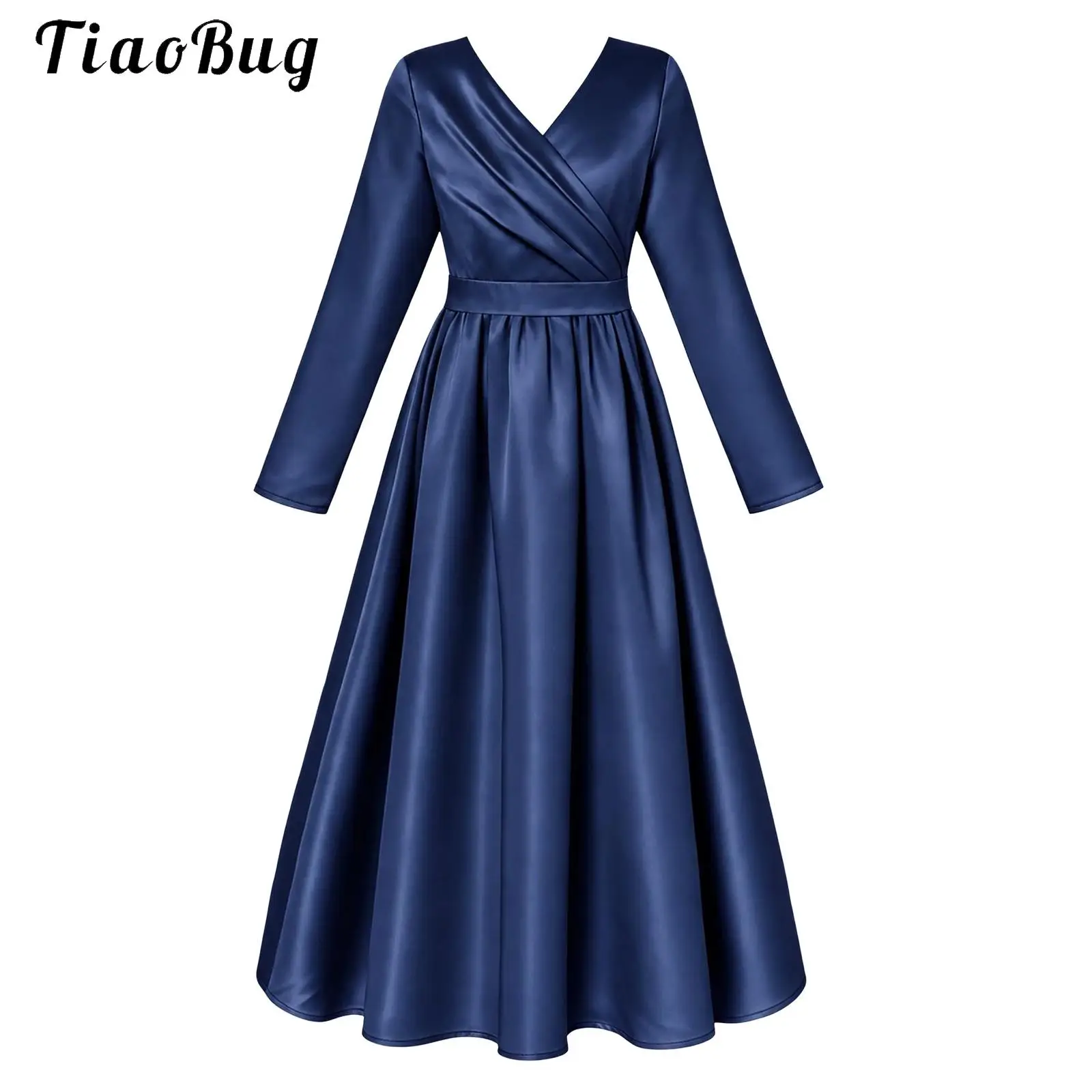 Kids Flower Girls Elegant Satin Party Gown Long Sleeve Pleated Bodice Ruffled Wedding Dress Pageant Banquet Bridesmaid Ball Gown