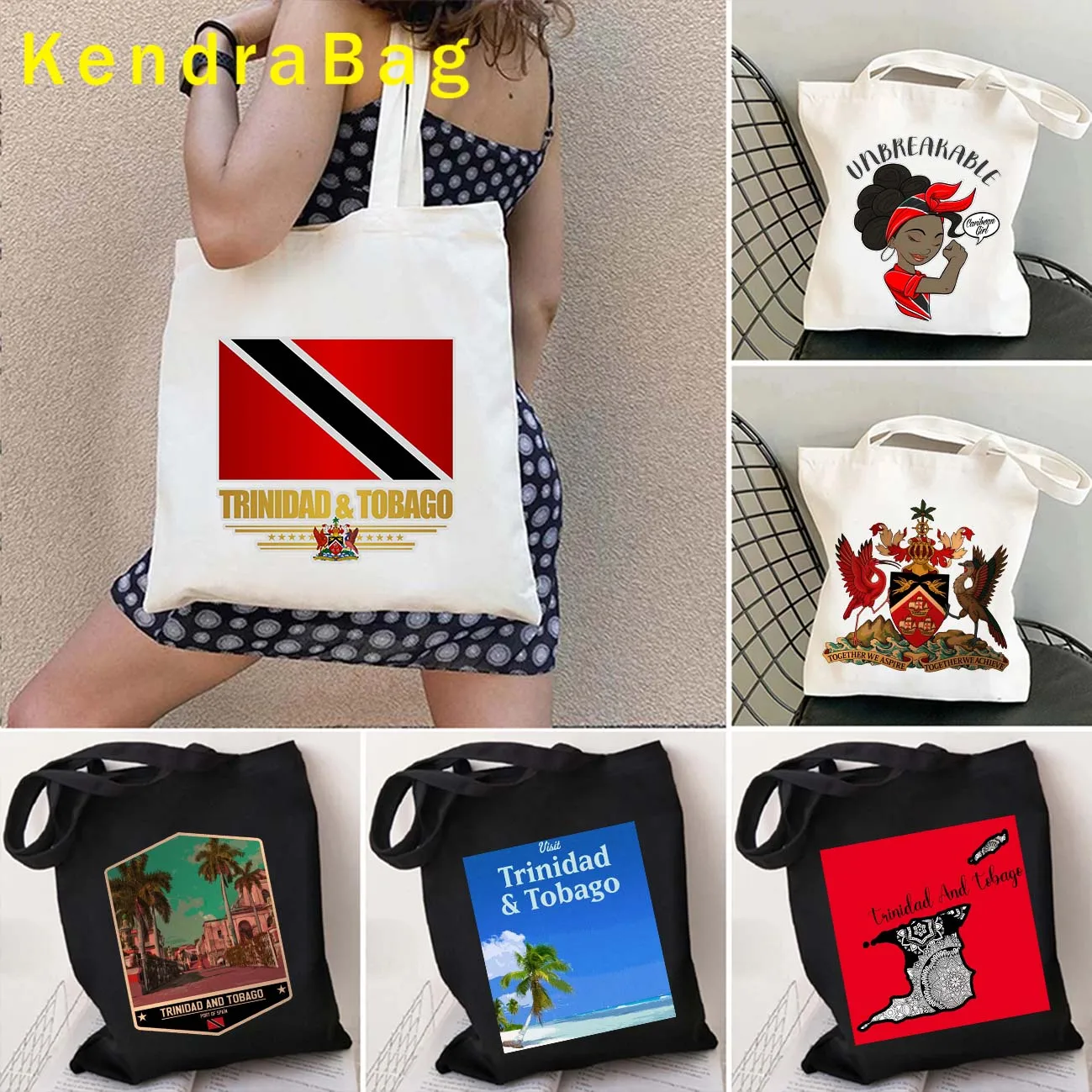 

Trinidad Tobago Map Flag Coat of Arms Caribean Girl Travel Gifts Women Canvas Shoulder Tote Bag Shopper Reusable Grocery Handbag