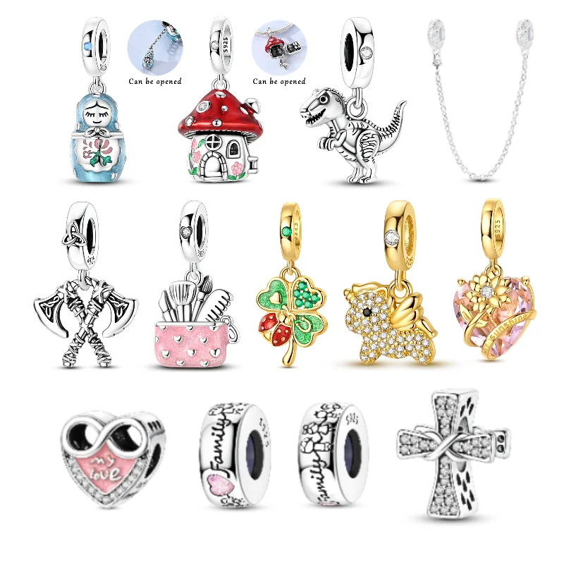 925 Silver Charms Beads Dangle Horse Mushroom Four Leaf Colver Pendants Fit Original Bracelet Ladies Jewelry Gift DIY