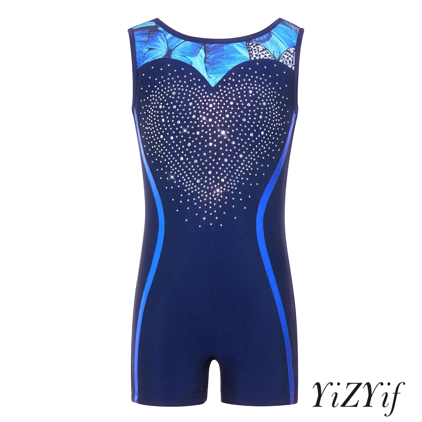 

Shiny Rhinestone Latin Leotard for Kids Sleeveless Color Block Jumpsuit for Gymnastics Ice Figure Skating Dance Competition