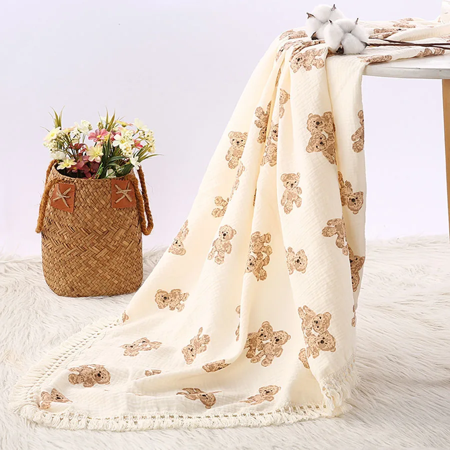 

Cute Bear Muslin Squares Cotton Baby Blanket Bed Summer Comforter for Newborn Plaid Infant Swaddle Blanket Babies Accessories