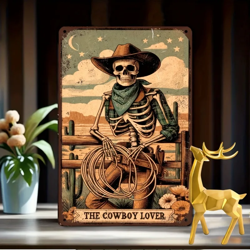 

Vintage Western Skeleton Cowboy Metal Art Poster Sign, Aluminum Wall Hanging Yard Sign for Indoor/Outdoor Decor, Living Room